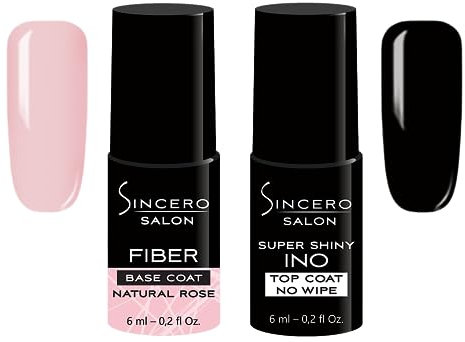 Sincero Salon- Fiberglass Gel Base Natural Rose und Top Coat Gel Super Shiny INO - Unterlack und Überlack - UV Nagellack für Maniküre -Schutz vor Kratzern - Nagelhärter