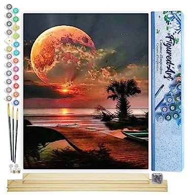 Figured'Art Peinture par Numéro Adulte Ponton et Grosse Lune - Activité Manuelle Kit de Loisir Créatif DIY Numéro d'Art Complet - 40x50cm avec châssis en bois à monter