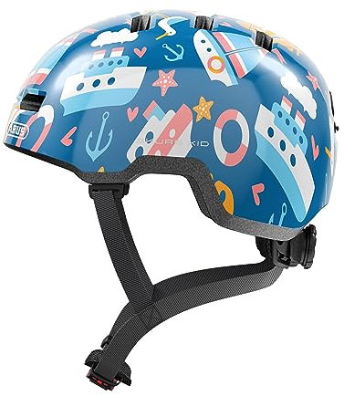 ABUS Casco per bambini Skurb Kid - robusto casco da bici in look skater con spazio il codino e una varietà di disegni ragazze ragazzi blu motivi nautici, taglia M