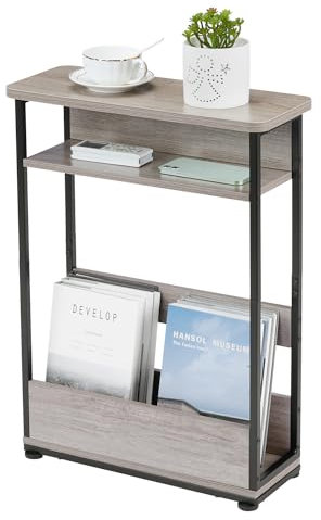 YEAKOO Narrow Side Table for Narrow and Small Spaces, Skinny Bedside Table Small Nightstand with Magazine Rack Space Saving (Oak, L)