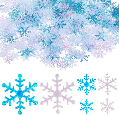 RYXZEN Lot de 1020 Confettis en Forme de Flocons de Neige Blancs et Bleu Flocon de Neige Décoration d'hiver et de Noël Anniversaire des Neiges, Décoration de Table Paillettes Brillantes 9.5cm/3cm/2cm