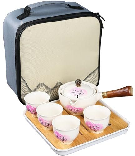 Teekannen-Set mit Reisetasche, tragbares Porzellan-Teekocher-Set mit 4 Tassen Kirschblüte Zisha Kung Fu Teeservice Chinesisches Kungfu-Tee-Set für Zuhause, zum Verschenken, fürs Büro