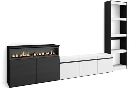 Skraut Home | Muebles de Salón para TV | Conjunto de Muebles Comedor | 310x186x35cm | para TV hasta 65 | Chimenea eléctrica | Estilo Moderno | Blanco y Negro