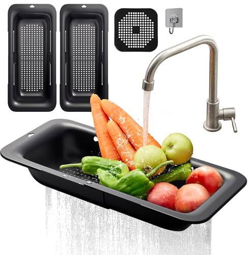 DEUXYU 2x Spülbecken Sieb Küche, Ausziehbare abtropfsieb 34-48cm, Kunststoff Küchensieb BPA Frei, Nudelsieb, Gemüse Obst zu waschen, EIN Must-Have Küchenutensilien, Haushalt Sieb für Spülbecken