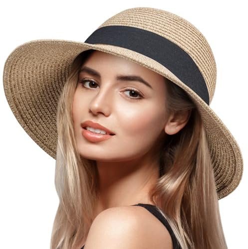 VIFUUR Damen Strohhüte Breiter Rand Sommervisier Strand Sonnenhut Verpackbare UPF UV Faltbare Reise Mix Beige/Black L/XL