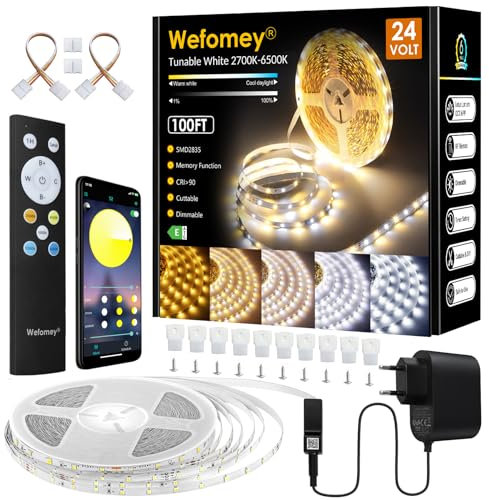 LED Strip 30M Set Dimmbar, APP Steuerung, Warmweiß bis Kaltweiß LED Streifen 24V Selbstklebend mit Netzteil Fernbedienung, Flexibel DIY LED Band 2700K-6500K, led Lichtband für Innen Küche Zimmer Deko