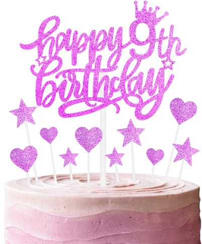11pcs Happy 9th Birthday Cake Toppers - Hot Pink Glitter Heart Stars Cupcake Toppers for Girls' 9th Birthday Cake Decorations
