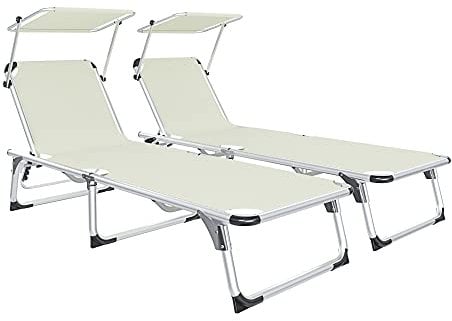 Coppia Di Lettini Pieghevole Con Tettuccio Parasole Prendisole Schienale Reclinabile Regolabile in 6 Posizioni Struttura In Alluminio Sedia Sdraio Per Spiaggia Mare Giardino Piscina (Beige)