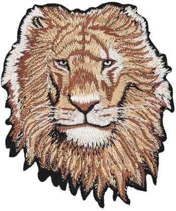 Löwe Kopf Aufnäher zum aufbügeln oder aufnähen Bügelbild Bügelpatch Aufbügler für Kleidung Bügelflicken Zoo Afrika Safari Applikation Patch Größe 8,2 x 10 cm