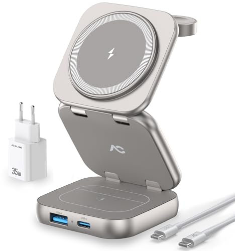 AC Island 5 in 1 Ladestation, Mehrere Geräte Mag-Safe Ladestation Apple Watch und iPhone, Reisen Wireless Charger Stand für iPhone 16/15/14/13/12 Series, AirPods Pro/4/3/2, Apple Watch 10-1 (Titan)