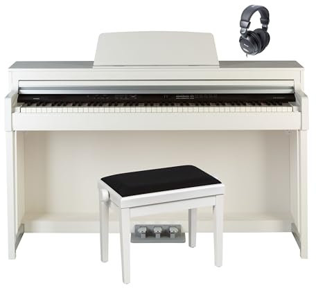 Fame Digitalpiano Set, DP 8600 BT WH V2, Hammermechanik, Stylearranger, USB MIDI, Audio Recorder, Mattiert Weiß, Inklusive Kopfhörer, Klavierbank, 88 Tasten, 2 x 25 Watt Verstärkerleistung