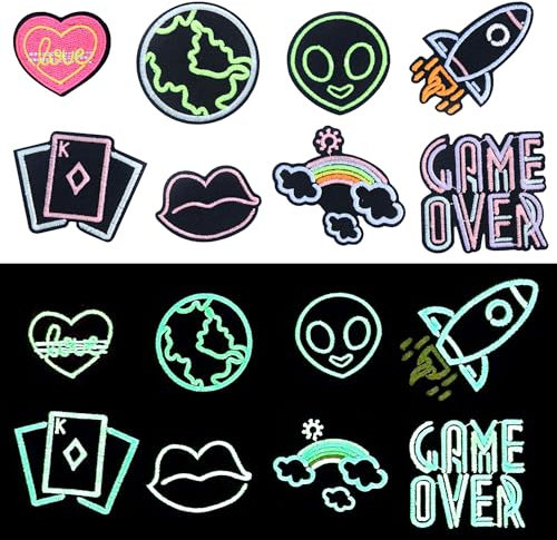 Attuslla 8 Stück Flicken zum Aufbügeln Leuchtet im Dunkeln Patches zum Aufbügeln von Regenbogen Mund Stil für Jeans, Kleidung, Jacken, Rucksäcke, Hüte, DIY Zubehör