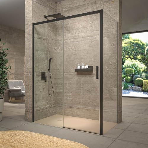 VAROBATH | Mampara de Ducha SLIM Rectangular 2 Fijos + 1 Puertas - Vidrio Templado de Seguridad 6mm con Tratamiento Antical (Perfilería Negro Mate, 67.5-69.5 x 147-151)
