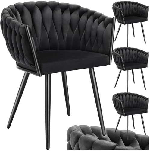 tectake® Samt Stuhl, Schalenstuhl mit Armlehne in Knoten Optik, Esszimmerstühle, Sessel modern für Wohnzimmer, Esszimmer, als Küchenstühle, für Schminktisch, Dining Chair Set - schwarz, 4er Set