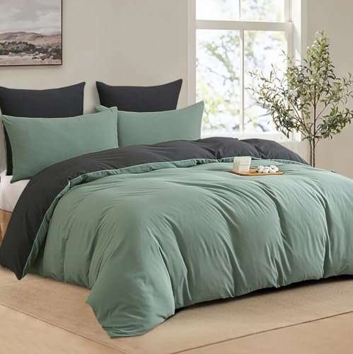 Boqingzhu Baumwolle Bettwäsche 200x200cm Grün Salbeigrün Grau Doppelbett Weich Renforce Wende Baumwollbettwäsche Bettbezug 200x200cm und 2 Kissenbezüge 80x80cm mit Reißverschluss