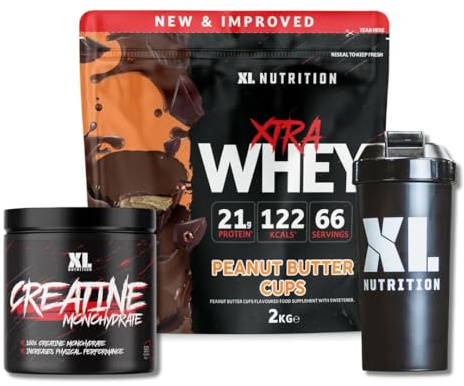 XL Nutrition Creatine Monohydrate Powder & Whey Protein Bundle. High Protein, Low Carb, Supports Muscle Growth, Includes Shaker Bottle (2kg, Peanut Butter Cups)
