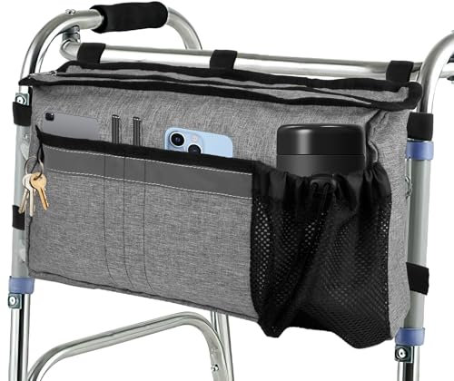 Große Walker Tasche mit Getränkehalter für Gehhilfen Gehgestell Rollator,Freihändige Klapp-Walker Korb Organizer Sack für Senioren .Einfacher Zugang zu Reißverschlusstasche Grau