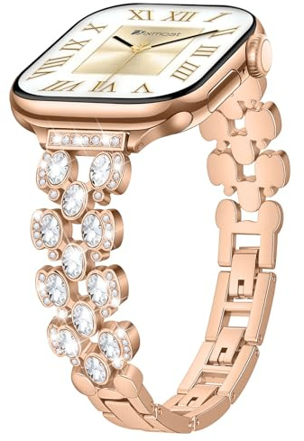 Sixmoat Slim Strap Compatible with Apple Watch 38/40/41/42mm(Series 10/11) | Thin Bling Diamond Dressy Bracelet for iWatch Women SE Series 11 10 9 8 7 6 5 4 3 2 1, (Rose Gold)