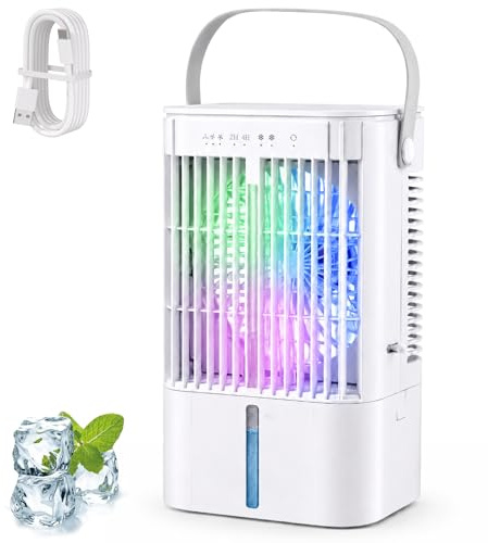 Tragbarer Klimaanlage mit 1200 ml Wassertank, 4 in 1 Mini Klimaanlage mit 2-4 H Timer, 7 Farben, 3 Geschwindigkeiten & 2 Nebelmodi, 120° Oszillation, Leise Mini Luftkühler für Zuhause/Büro
