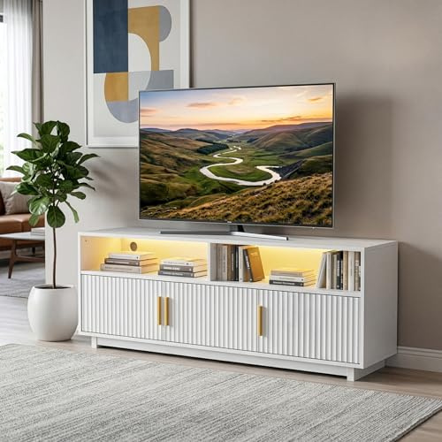 Karl home 160cm TV Stand Cabinet up to 55-65 with Big Storage LED Lighted | Wooden TV Unit with 3 Fluted Modern Doors and 2 Open Cabinets, 16 Colors LED Console Table, for Living Room Bedroom White