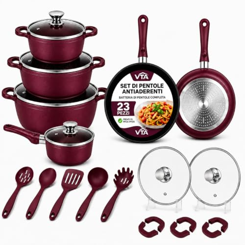 Set di Pentole 23 Pezzi Antiaderente con Coperchi in Vetro Batteria di Pentole e Padelle con Manici Removibili, Mestoli in Silicone Adatte a Tutti i Piani di Cottura, Induzione Inclusa (Rosso)