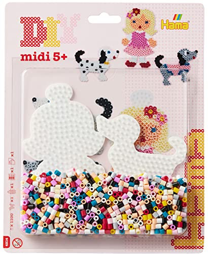 Hama Perlen 4214 Bügelperlen Hund und Puppe, Blisterpackung mit ca. 1.100 Midi-Perlen, 2 Stiftplatten zum Zusammenstecken, Bügelpapier und Anleitung, für Kinder ab 5 Jahren
