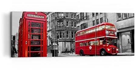 Mehrteilige Bilder auf Leinwand 120x40cm Leinwandbild Bus Telefon Straße Groß Wanddeko Bild Schlafzimmer Set 3 teilige Wandbilder Dekoration Wohnzimmer Decor Canvas Wand Kunstdruck Art CA120x40-2674
