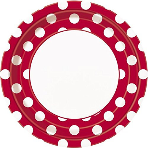Unique 8 Platos de cartón Rojo con Lunares Blancos, 22 cm