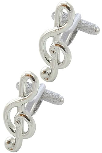 Cufflinks for Men + Presentation Box - Treble Clef - Music - Solid Brass Metal - Musical Teacher Singer Player Violin Piano Instrument DJ - Silver Colour - One Pair