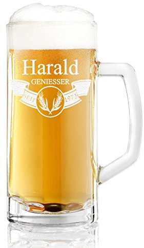 Bierkrug Personalisiert mit Gravur - personalisiertes Männergeschenke - Bierglas mit Name und Jahr - Bierseidel 0,5L Geschenk-Idee zum Geburtstag - Biergeschenke - Motiv Banner mit Ähren