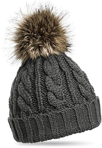 Caspar MU104 Damen Strickmütze mit Fellbommel, Farbe:dunkelgrau, Größe:One Size