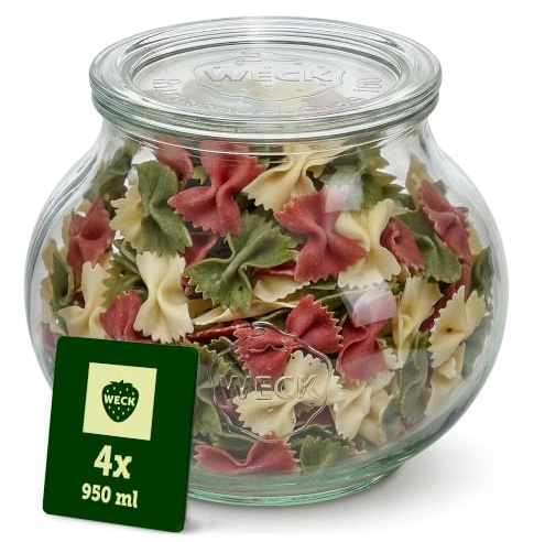 Weck Gläser 950ml – 4er Set mit Deckeln – Schmuckform – robuste, stapelbare Vorratsgläser & Einweckgläser - Glasbehälter ideal für Vorrat, Meal Prep und Dekoration – Made in Germany