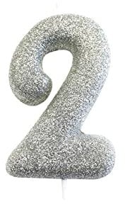 Anniversary House Metallic Silver Glitter Candle, Number 2, 2nd Birthday Cake Topper, 7 Centimeters, AHC40/2