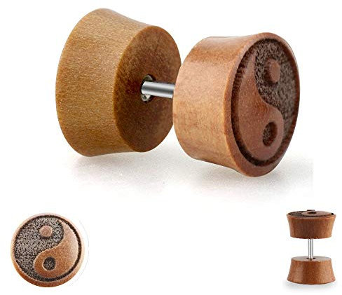 Treuheld | Holz Ohr-STECKER mit Yin & Yang zum Schrauben - Dunkel-Braun - 2 Größen - Symbol Fake Plug - Organische Motiv Ohr-Ringe Herren & Damen & Kinder Ohr Tunnel Piercing STECKER - [1.] - 8 mm