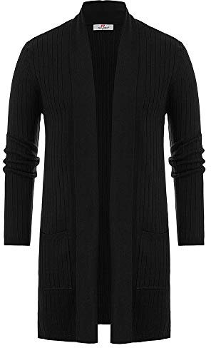 PJ PAUL JONES Men's Shawl Collar Open Front Long Cardigan Ribbed Knit Sweater with Pockets, Black, M