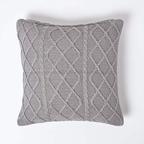 HOMESCAPES Grey Cable Knit Cushion Cover 100% Cotton Diamond Pattern Bed or Sofa Cushion for Living Room Handwoven Super Soft Textured Slate Grey 45 x 45 cm Square Throw Cushion Case, 18 x 18”