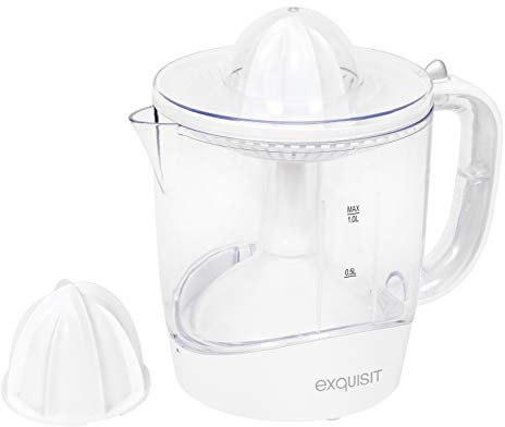 Exquisit Zitruspresse ZP 3001 wet | Saftpresse mit 2 unterschiedlichen Presskegeln | Links- und Rechtsrotation des Presskegels | spülmaschinenfest | 30 Watt | 1,0 Liter | Weiß