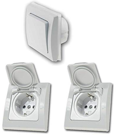 Schalter + Steckdosen Set Feuchtraum S, weiß, 3-teilig, IP44, Schalterserie DELPHI, Unterputz