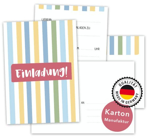 Decento® Einladungskarten für Geburtstag Party - 8 Karten mit Umschlag für Mädchen Jungen - Einladung für Kindergeburtstag, Feier, Fete - Streifen-Design - Postkarten für Kinder Erwachsene