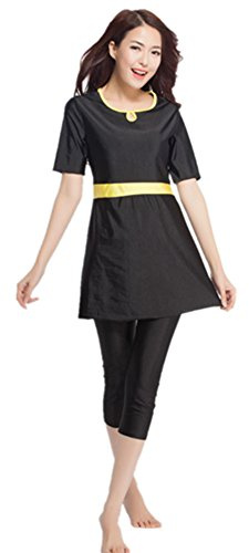 Swimwear Short-Sleeved Hakama for Ladies Split Swimsuit (Black, M)