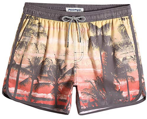 MaaMgic Herren Badeshorts Vintage Retro Boardshorts Schnelltrocknend Kurz Badehose Schwimmhose mit Mesh-Futter und Verstellbarem Tunnelzug,Orange Hawaii,XL