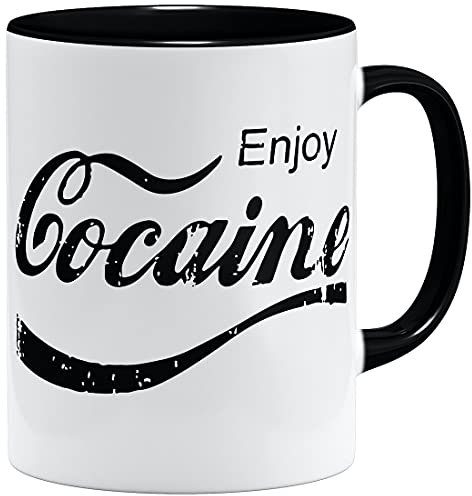 OM3® Enjoy Cocaine Kaffee-Tasse mit lustigem Motiv | Keramik Becher | 11oz 325ml | Beidseitig Bedruckt | Schwarz