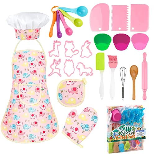 KAEGREEL Kids Baking Chef Set with Elephant Apron, 26pcs Kitchen Toys Kid Cooking Set with Chef Hat Spoons Whisk, Chef Dress Up Role Play Gifts for Boys Girls 3 4 5 6 7 Years Old