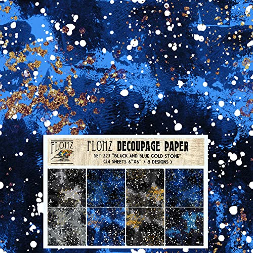 Decoupage-Papier-Set (24 Blatt, 15,2 x 15,2 cm), Schwarz und Blau, Goldstein, Vintage-Stil, nahtlos, Art-Deco-Muster, Papier für Decoupage, Basteln und Scrapbooking