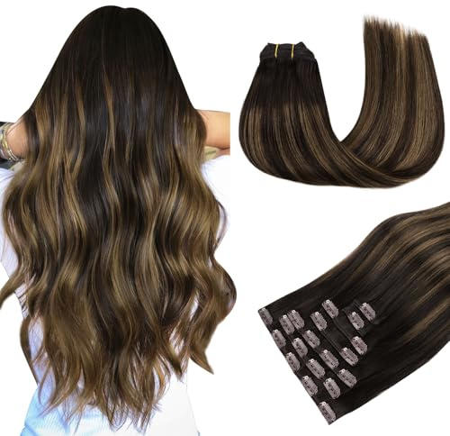 MAXITA Clip in Haarverlängerungen aus echtem Menschenhaar, Remy Haar Clip in Extensions für Damen, natürliches Menschenhaar, 18 Zoll 120 g 7 Stück, Balayage Dunkelbraun gemischt mit Kastanienbraun