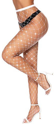 RSLOVE Mujeres Medias de Red Brillante Pantythose Medias Sexy Pedrería Blanco Una Talla