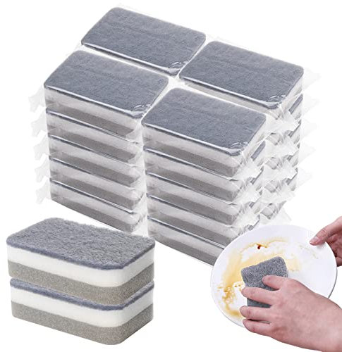 Individually Wrapped Sponges 20 Pack Kitchen Dishwashing Sponge Bulk, Non Scratch Dishes Scouring Pad Dishcloth, Odor-Free Sponge Wipes for Household Cleaning Dishes Travel Apartments - Grey