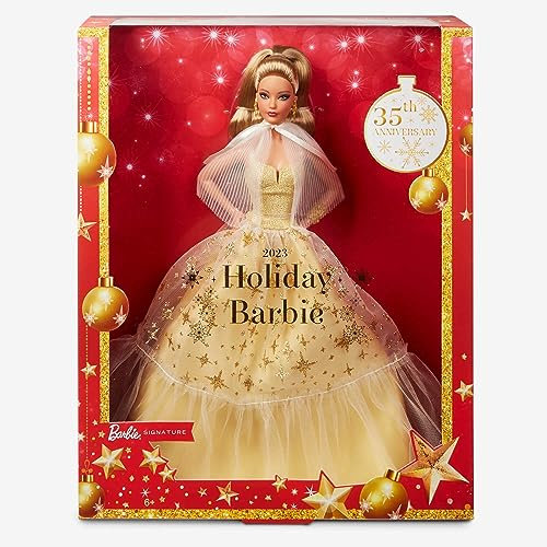 Barbie Signature Navidad Muñeca Latina de colección de Juguete con Vestido de Gala Dorado, Regalo +3 años (Mattel HJX06)