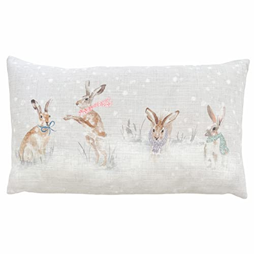 furn. Evans Snowy Hares Polyester Filled Cushion (Multicolour - 30x50cm) | Festive Winter Hand Painted Watercolour Snowfall Woodland Wildlife Decorative Pillow
