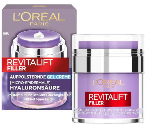 L'Oréal Paris Crema de gel hidratante antiedad, crema facial antiarrugas con ácido hialurónico puro, para todos los tipos de piel, relleno Revitalift, 50 ml